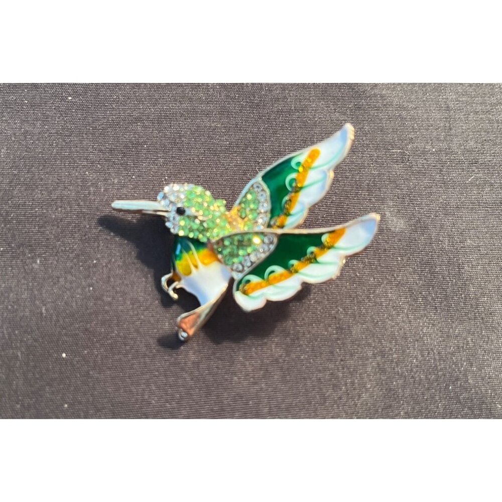 Hummingbird Brooch Pin Green Rhinestones, Green &White Enamel